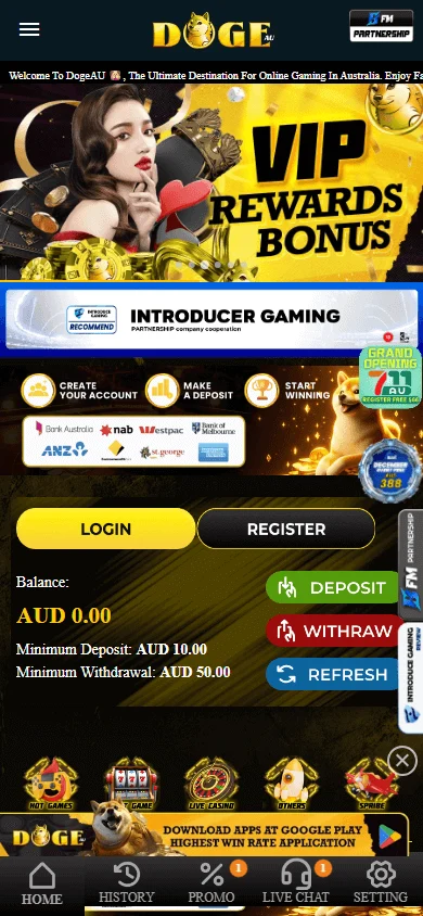 Dogeau Casino mobile home experience with bottom navigation