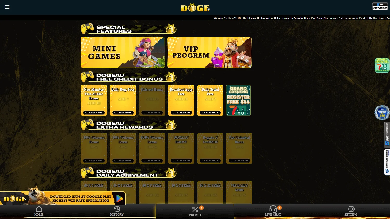 Dogeau Casino promotions area on desktop featuring the available player offers
