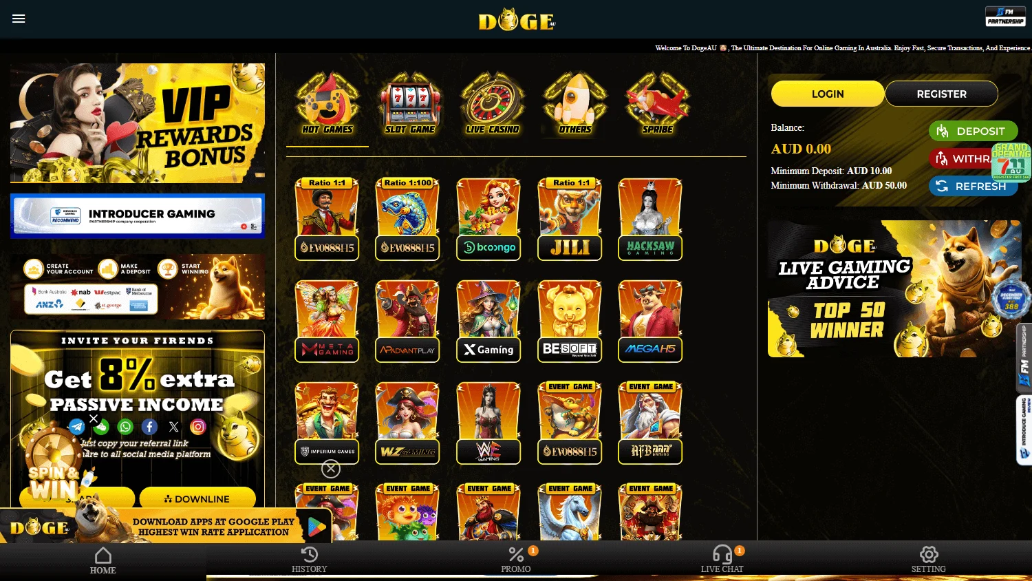 Dogeau Casino home experience on desktop with casino content for Australian players